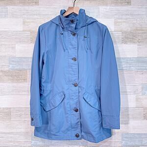 Lands End Lightweight Long Nylon Rain Jacket Blue Button Up Womens Small Tall ST